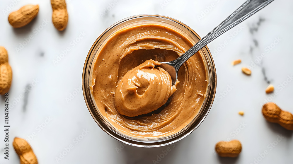 Creamy Peanut Butter Jar with Spoon Dipped In, Close-Up View on Wooden Table Creamy Peanut Butter Jar with Spoon Dipped In, Close-Up View on Wooden Table