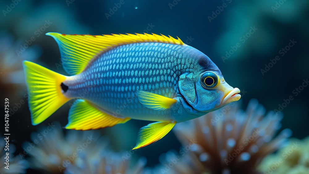 Underwater Colorful Sea Fish Swimming In Deep Water With Colorful Sea Nature Life. Underwater Colorful Sea Fish Swimming In Deep Water With Colorful Sea Nature Life.