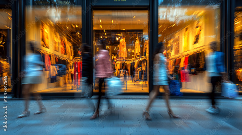 People walk in front of a clothing store with bright lights inside. Concept of shopping and motion blur. For retail advertising and urban lifestyle photo. People walk in front of a clothing store with bright lights inside. Concept of shopping and motion blur. For retail advertising and urban lifestyle photo.