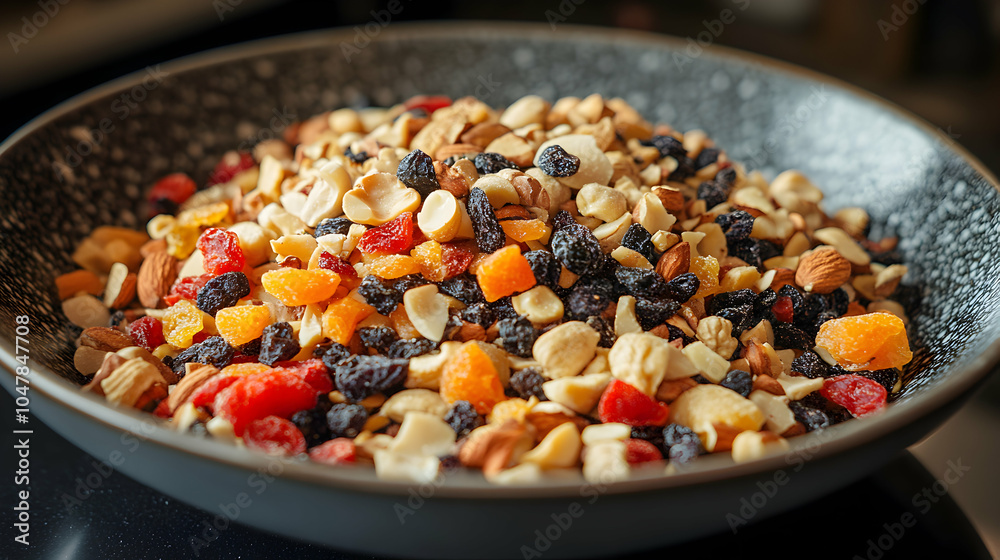 A Colorful Mix of Dried Fruits and Nuts in a Wooden Bowl on a Rustic Table A Colorful Mix of Dried Fruits and Nuts in a Wooden Bowl on a Rustic Table