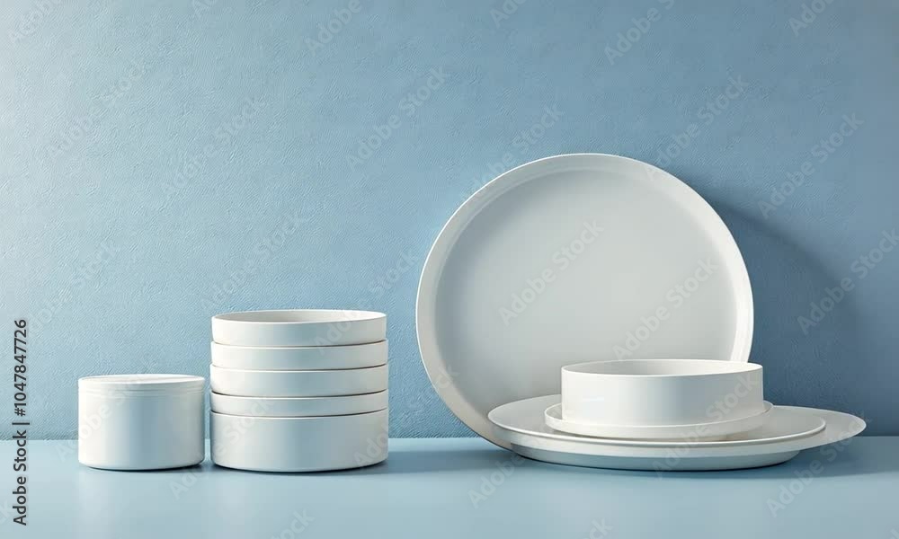A minimalist arrangement of white dishes against a soft blue background. A minimalist arrangement of white dishes against a soft blue background.