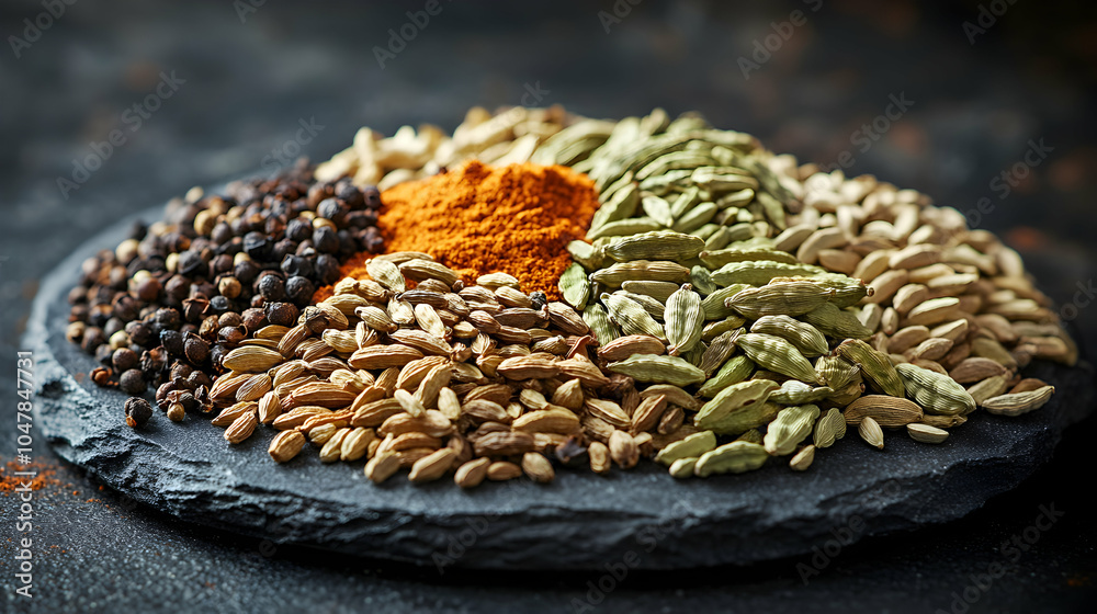 Obraz premium A Vibrant Collection of Exotic Spices Including Cardamom, Cumin Seeds, and Fenugreek on a Rustic Wooden Surface