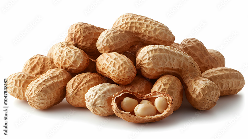 A Close-Up View of a Pile of Peanuts in Their Shells with One Cracked Open, Highlighting the Natural Texture and Color Variation A Close-Up View of a Pile of Peanuts in Their Shells with One Cracked Open, Highlighting the Natural Texture and Color Variation