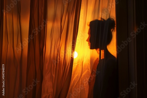 Silhouette of a woman looking out of a window, bathed in the warm glow of the setting sun. photo