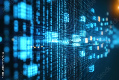 Wallpaper Mural Abstract digital binary code flowing in a dark background with glowing lights, representing data transfer, network, internet, technology, and information flow. Torontodigital.ca