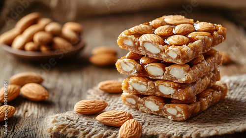 Stack of Nut Bars Made with Almonds, Cashews, and Honey on a Wooden Surface