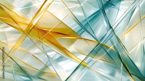 Abstract geometric pattern with blue and yellow glass shapes.