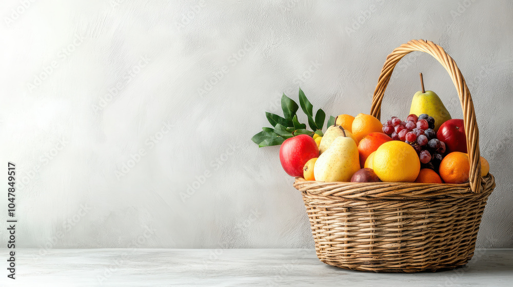 A woven basket filled with a variety of fresh, colorful fruits on a light background. A woven basket filled with a variety of fresh, colorful fruits on a light background.
