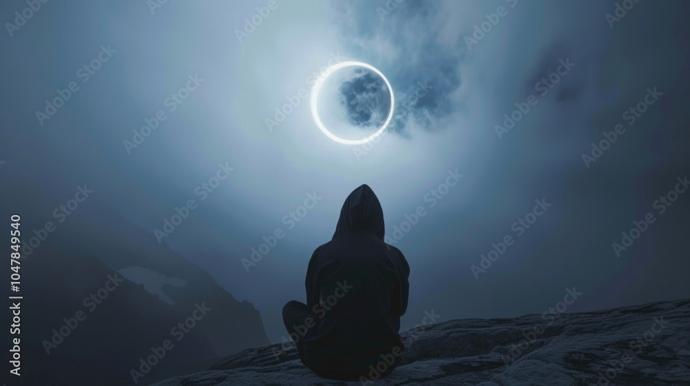 A lone figure sits on a rocky outcrop, gazing up at a glowing halo in the sky. The silhouette of the hooded figure is lost against the mystical, cloudy night sky. A lone figure sits on a rocky outcrop, gazing up at a glowing halo in the sky. The silhouette of the hooded figure is lost against the mystical, cloudy night sky.