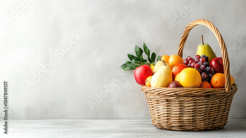 Fototapeta Naklejka Na Ścianę i Meble -  A woven basket filled with a variety of fresh, colorful fruits on a light background.