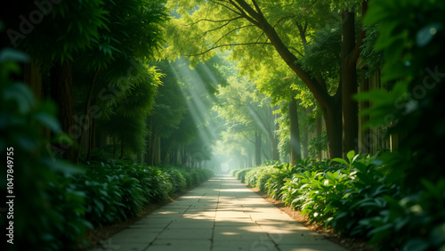 A Serene and Shady Alleyway Filled with Greenery and Natural Beauty in the City