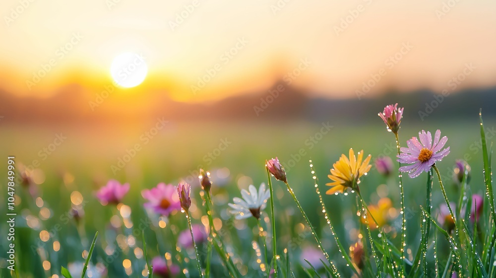 Obraz premium A vibrant field of wildflowers blooms under a warm sunset, creating a serene and picturesque landscape filled with color and light.
