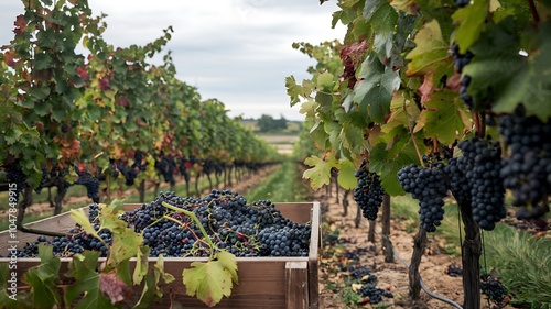 Ripe Grapes Harvested in a Wooden Crate in a Vineyard photo