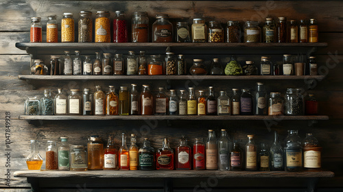 Wallpaper Mural Elegant Assortment of Glass Spice Bottles on a Rustic Wooden Shelf in a Cozy Kitchen Setting Torontodigital.ca