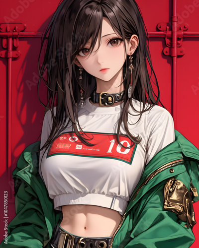 Anime Girl Portrait with Green Jacket and Red Background photo