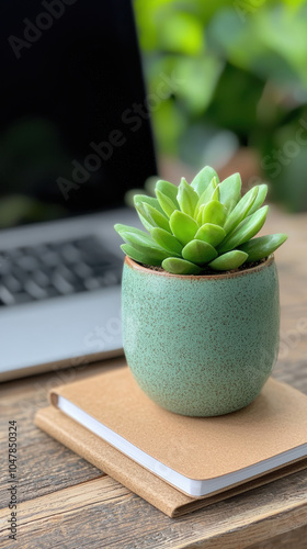 clean and organized desk featuring succulent plant in green pot, notebook, and laptop in background creates serene workspace atmosphere