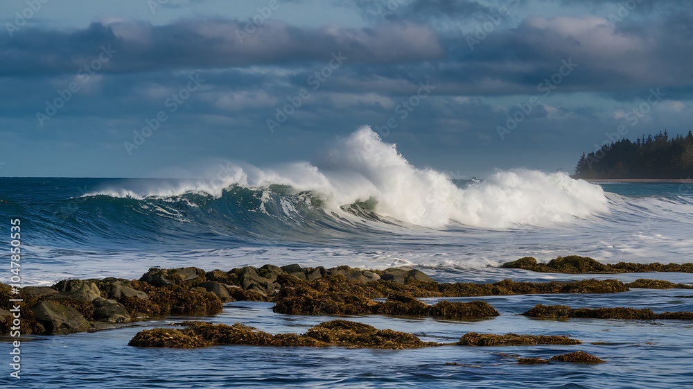 Large crashing wave against rocky shoreline with seaweed Large crashing wave against rocky shoreline with seaweed
