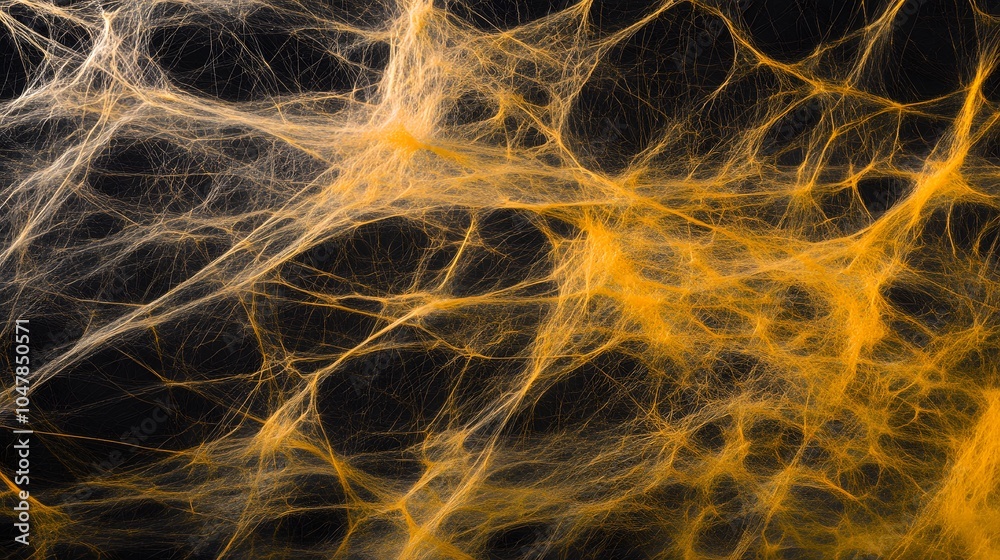 Fototapeta premium Yellow Spider Web on Black Background, Abstract Image, Texture, Pattern Background, Wallpaper, Cover and Screen for Smartphone, PC, Laptop, 9:16 and 16:9 Format