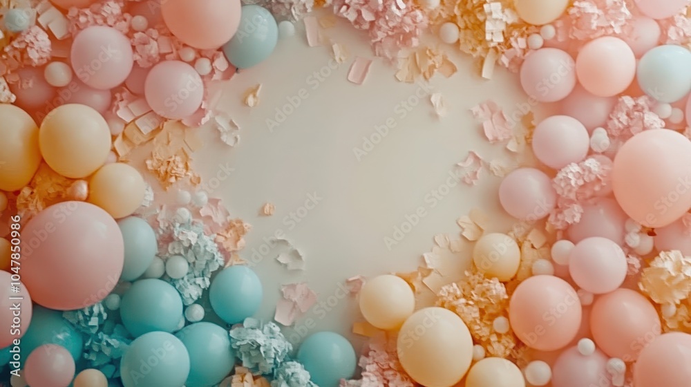 A pastel-colored background filled with vibrant balloons in pink, blue, and yellow. The edges are decorated with paper confetti, leaving the center empty for text placement. A pastel-colored background filled with vibrant balloons in pink, blue, and yellow. The edges are decorated with paper confetti, leaving the center empty for text placement.