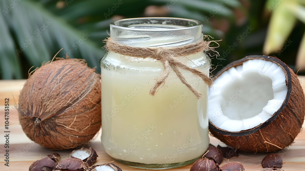 Fresh Coconut Oil in a Glass Jar Surrounded by Halved Coconut on a Rustic Wooden Surface Fresh Coconut Oil in a Glass Jar Surrounded by Halved Coconut on a Rustic Wooden Surface