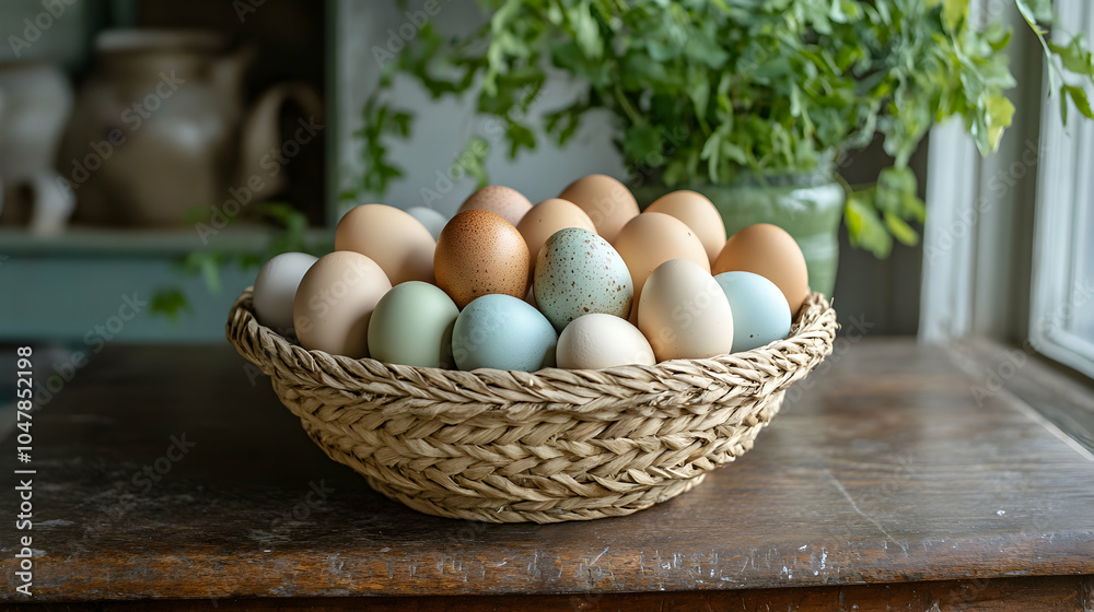 Farm Fresh Eggs in a Rustic Woven Basket on a Wooden Table Farm Fresh Eggs in a Rustic Woven Basket on a Wooden Table