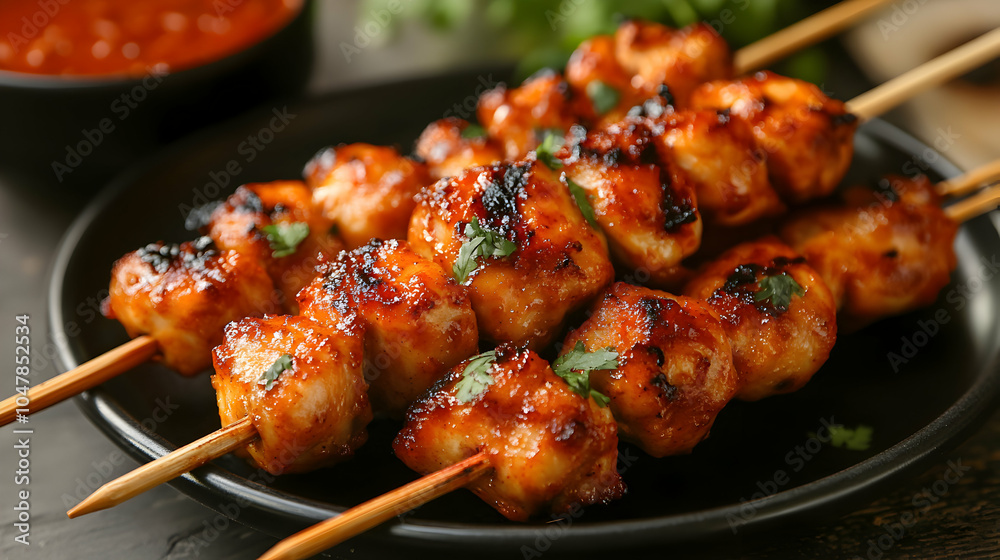 Crispy Fried Chicken Bites on Skewers Accompanied by a Spicy Dipping Sauce, Perfect for Appetizers or Party Platters Crispy Fried Chicken Bites on Skewers Accompanied by a Spicy Dipping Sauce, Perfect for Appetizers or Party Platters