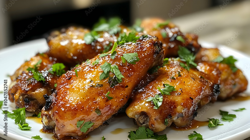 Crispy Fried Chicken Wings Glazed with Honey and Garnished with Fresh Herbs on a Rustic Plate Crispy Fried Chicken Wings Glazed with Honey and Garnished with Fresh Herbs on a Rustic Plate