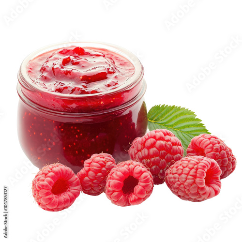Raspberry jam in jar with fresh raspberries, white isolate background
