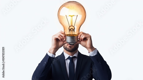 A businessman holds a glowing oversized lightbulb above his head symbolizing innovation, cut out on white background