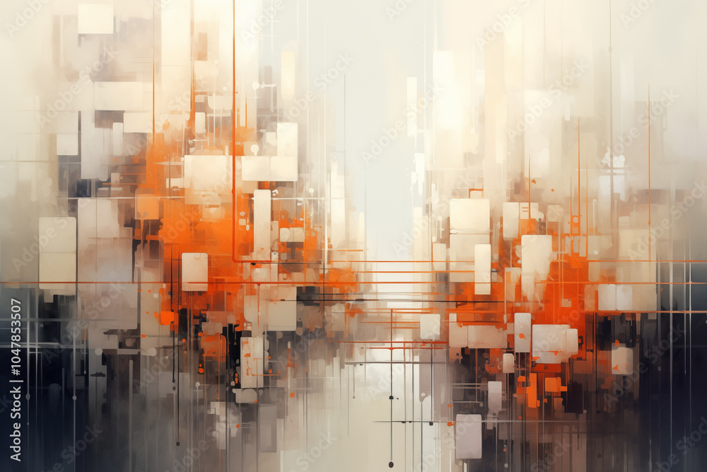 Abstract Painting of Urban Buildings in White and Orange Hues Abstract Painting of Urban Buildings in White and Orange Hues