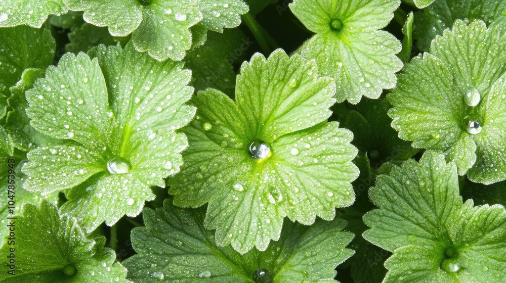 Vibrant Green Leaves with Dew Drops on Surface Vibrant Green Leaves with Dew Drops on Surface