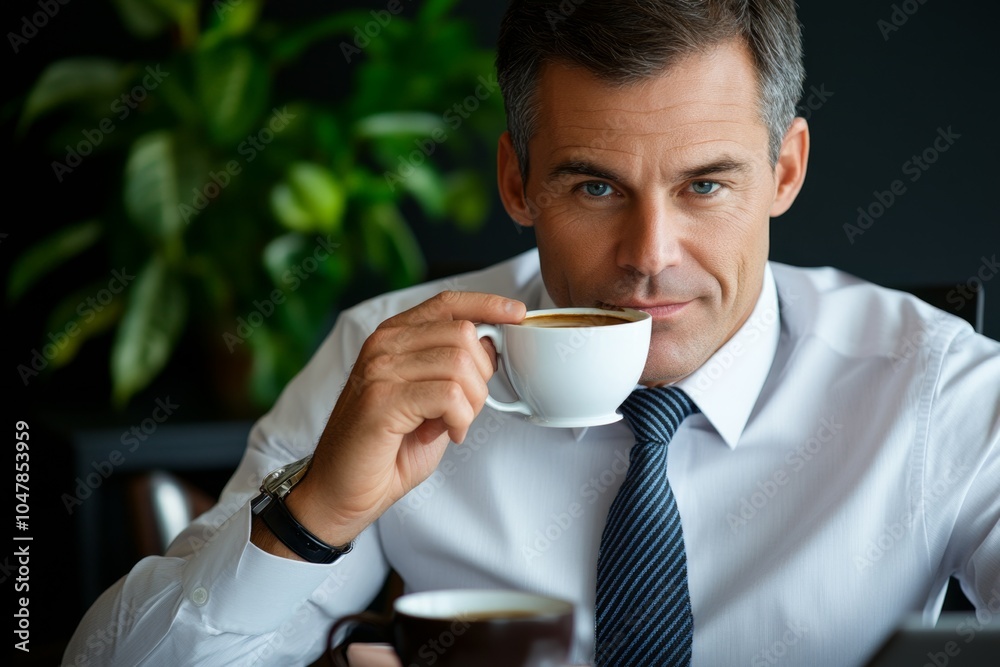 A businessperson taking a sip of coffee during a busy meeting, surrounded by laptops and documents