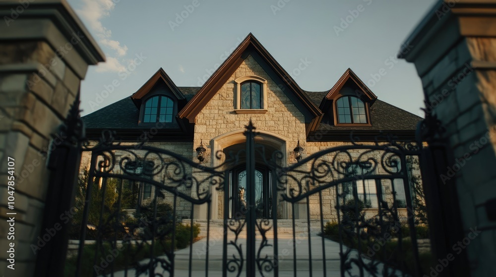 Elegant Wrought Iron Gates with Stone Mansion Background Elegant Wrought Iron Gates with Stone Mansion Background