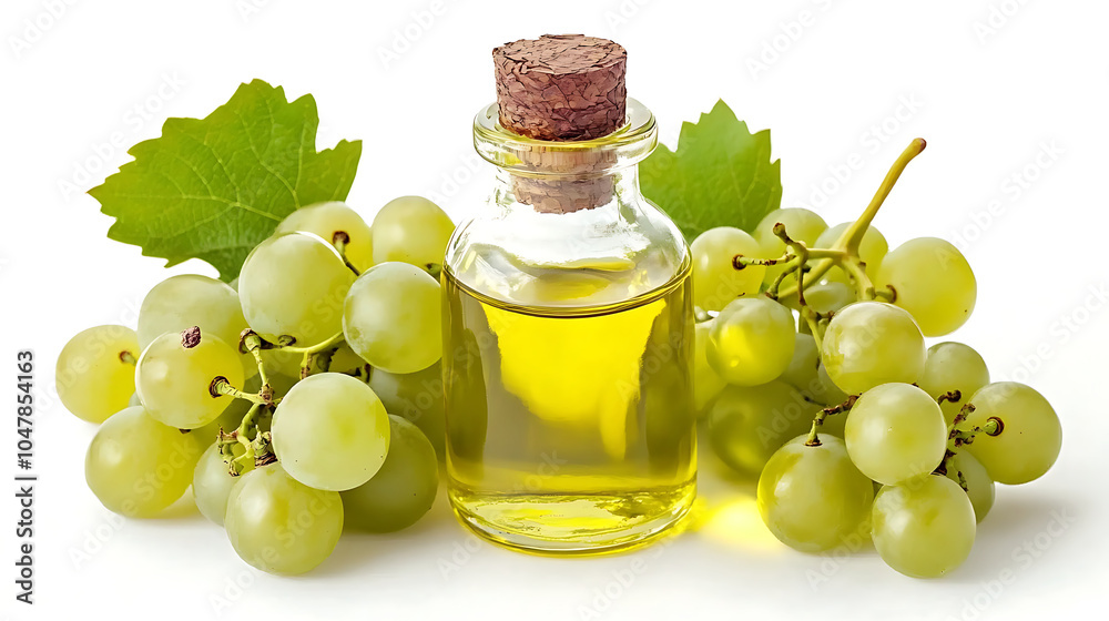 Glass bottle with grape seed oil or grape vinegar on white isolated background Glass bottle with grape seed oil or grape vinegar on white isolated background