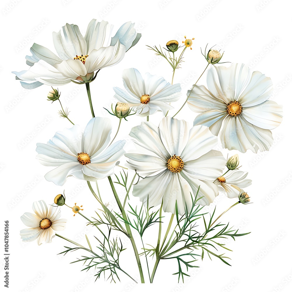 Fototapeta premium Watercolor White Cosmos Isolated on White Background. Beautiful Cosmos Flower