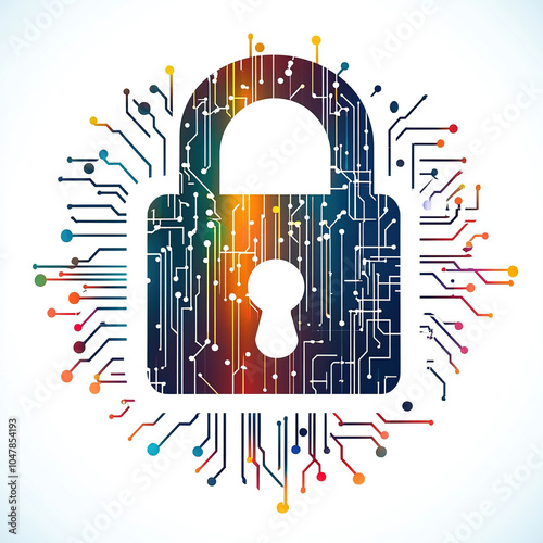 Vector illustration of digital security, a lock symbol with a circuit board pattern in the background on a white background