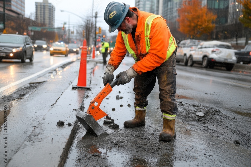 A construction worker taking action, operating a jackhammer on a city street to make necessary repairs A construction worker taking action, operating a jackhammer on a city street to make necessary repairs