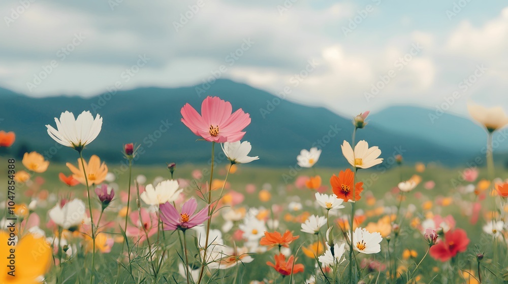 Obraz premium A vibrant field of blooming flowers in various colors, set against a backdrop of lush mountains and a clear sky.