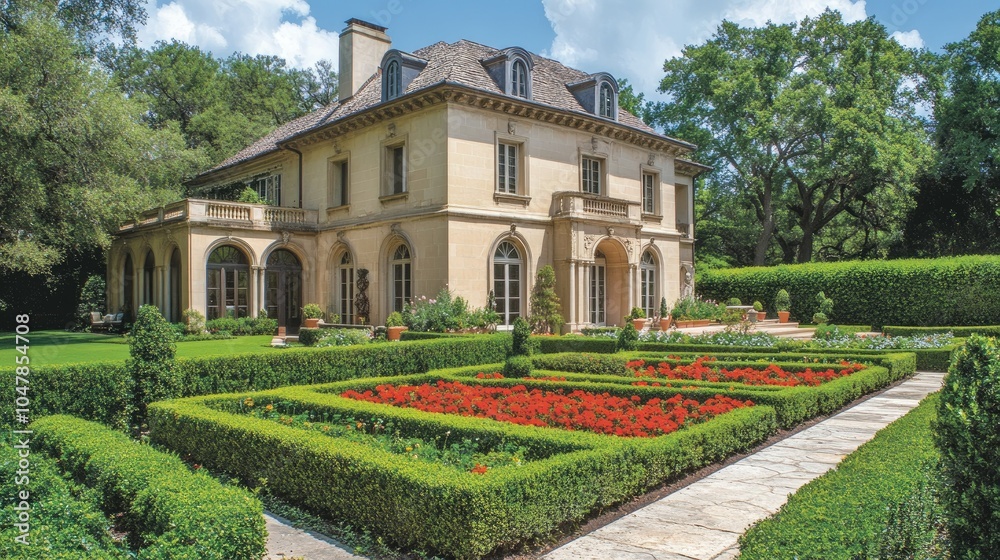 Obraz premium Elegant French Style Home with Vibrant Garden View