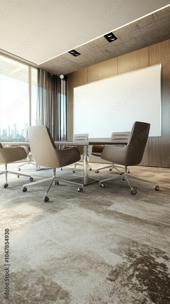 Fototapeta premium Modern office meeting room with a large blank whiteboard, a wooden table, and beige chairs.