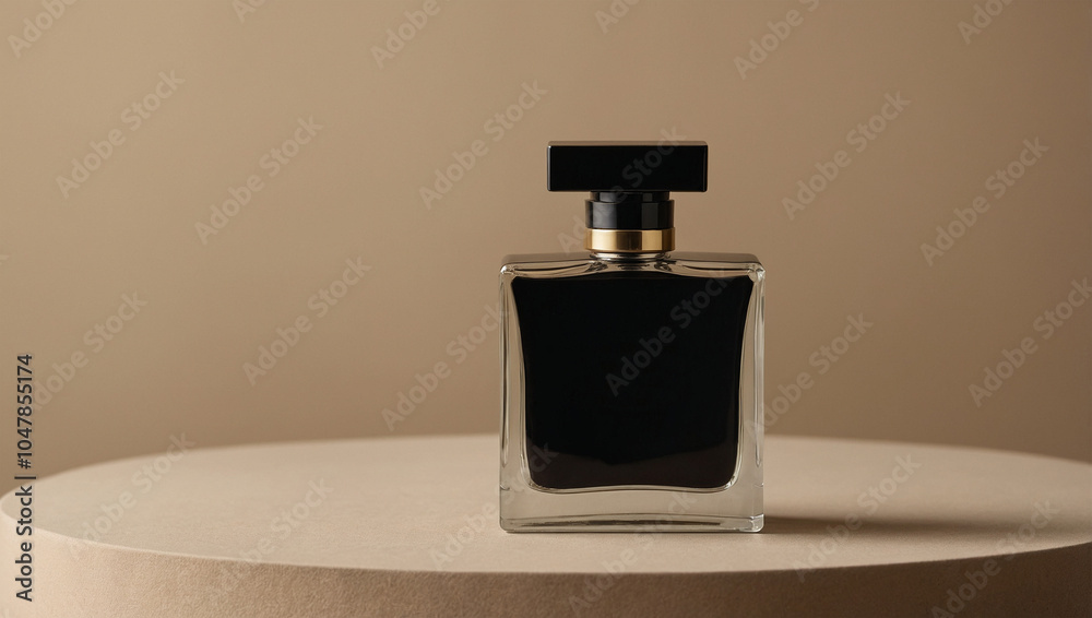 mockup plain black square perfume bottle placed neatly on a podium with beige background mockup plain black square perfume bottle placed neatly on a podium with beige background
