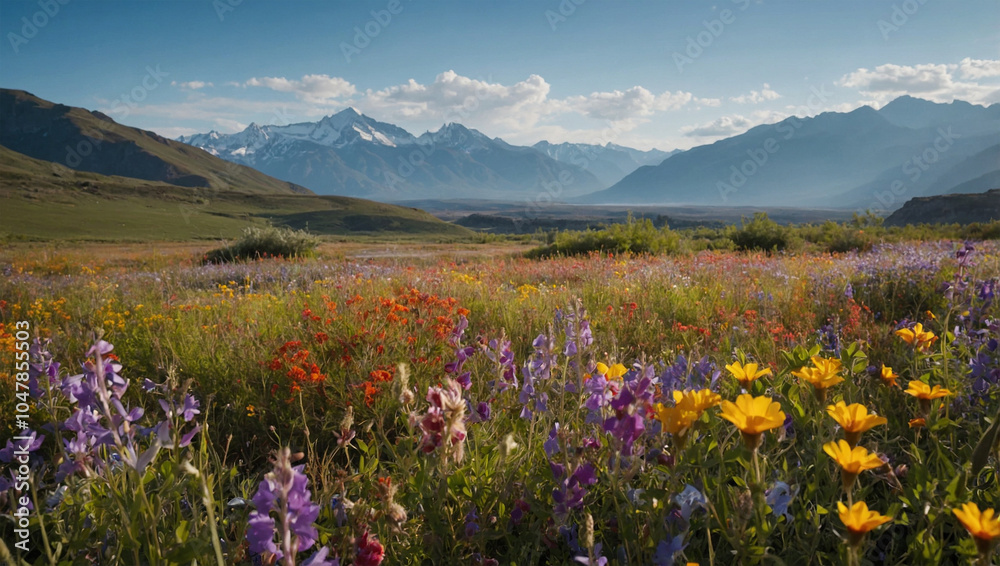 Obraz premium a colorful field of wildflowers, surrounded by mountains and clear skies. A gentle breeze stirs the flowers, creating a calm and peaceful atmosphere.
