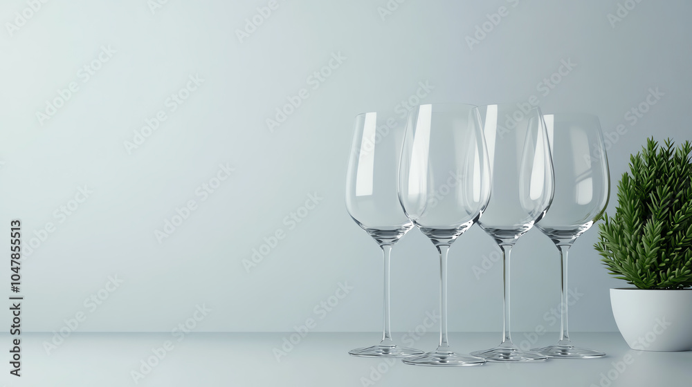 Fototapeta premium A clean and modern display of four elegant wine glasses paired with a small potted plant, set against a minimalist background.