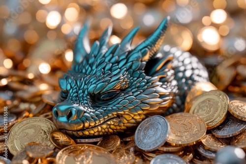 A fantasy creature, like a small dragon, taking a nap in a pile of treasure, with soft golden light reflecting off the coins and gems photo