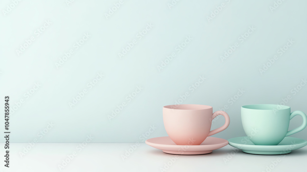 A serene display of pastel-colored cups and saucers on a minimalistic background, perfect for tea or coffee lovers seeking elegance. A serene display of pastel-colored cups and saucers on a minimalistic background, perfect for tea or coffee lovers seeking elegance.