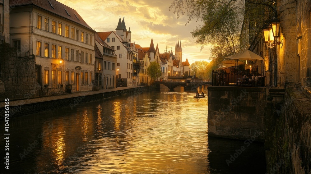 Obraz premium Serene Sunset Over Historic Canal Town