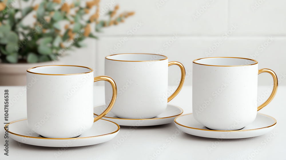 Elegant white coffee cups with gold detailing on saucers, arranged neatly on a table with a soft-focus background of greenery. Elegant white coffee cups with gold detailing on saucers, arranged neatly on a table with a soft-focus background of greenery.