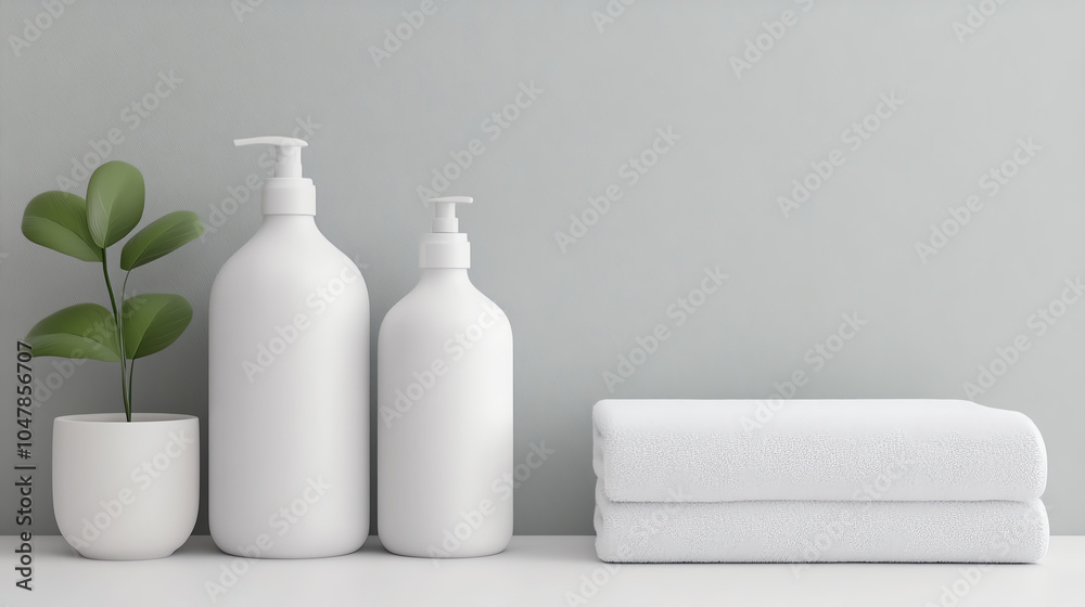 Minimalistic bathroom setup featuring white bottles, plush towels, and a small plant against a soft gray wall, exuding calm and cleanliness. Minimalistic bathroom setup featuring white bottles, plush towels, and a small plant against a soft gray wall, exuding calm and cleanliness.