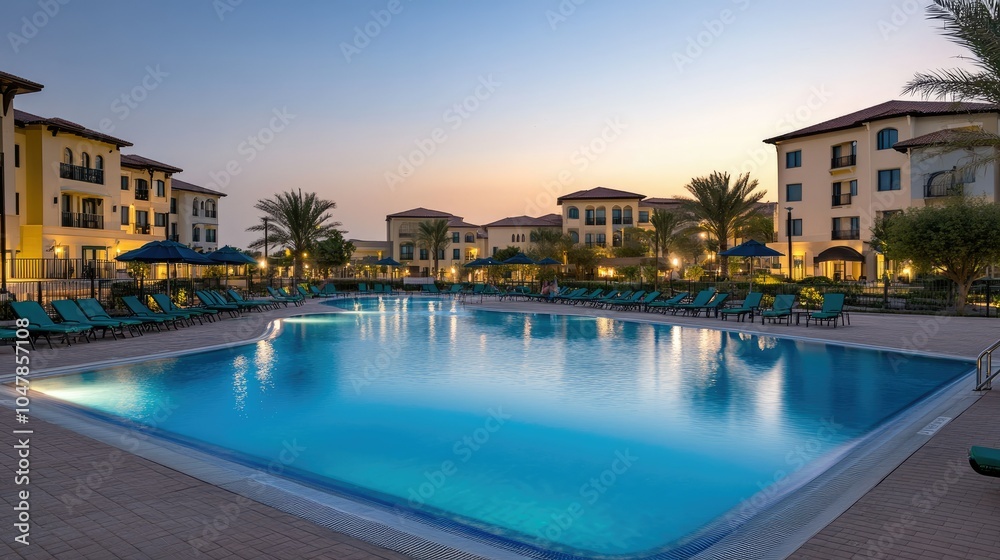 Fototapeta premium Serene Poolside at Twilight with Lively Surroundings