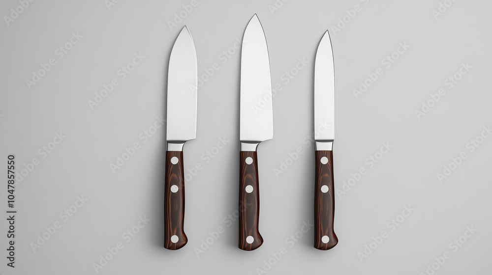 Three kitchen knives with wooden handles displayed on a grey background. Perfect for culinary art, cooking, and kitchen essentials. Three kitchen knives with wooden handles displayed on a grey background. Perfect for culinary art, cooking, and kitchen essentials.